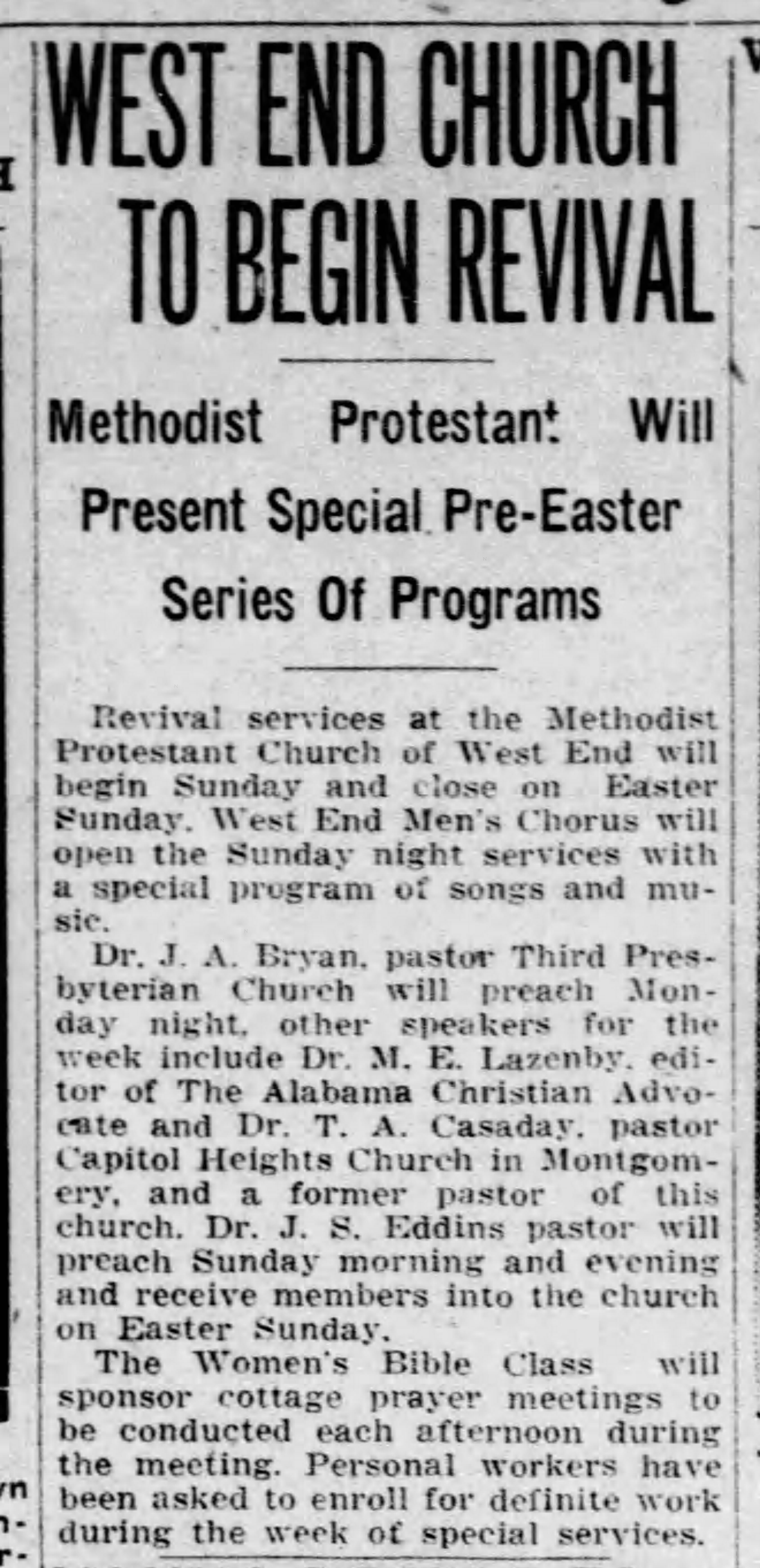 West End Church To Begin Revival